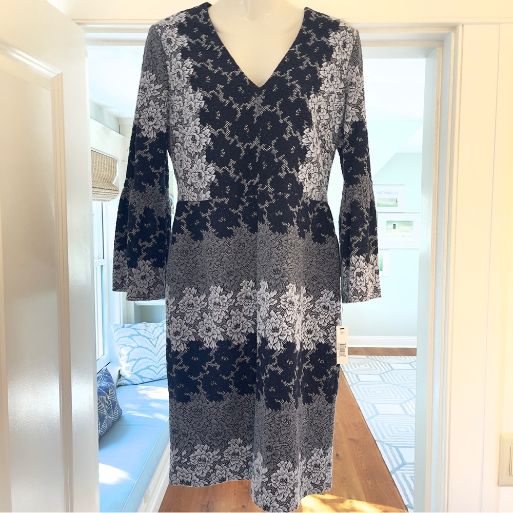 MAGGY LONDON Navy & White Floral Long Bell Sleeve Knit Dress Size 8 New w/Tags!